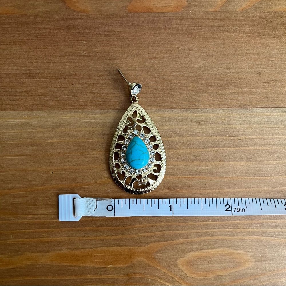 Vintage-look Gold Teardrop Earrings with Faux Turquoise Stone - Women Jewelry - Picture 7 of 7